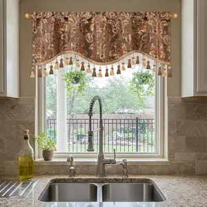 VOGOL Coffee Brown Damask Valances Antique Wave Jacquard with Beaded Fringe European Vintage Window Topper for Bedroom & Living Room 52x18 Inches