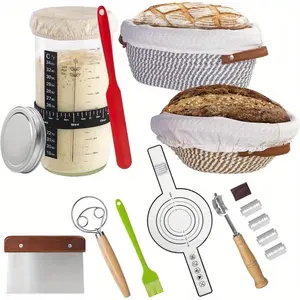 Complete Sourdough Starter Kit, Sourdough Bread Baking Supplies, 34oz Sourdough starter Jar, 2 x Rope Banneton Proofing Basket with Dough Whisk Scraper Silicone Brush and Bread Sling