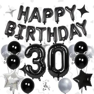 32 Inch 30 Balloon Numbers, Happy Birthday Balloon Banner 16 Inch Foil Letter Balloons Silver and Black Star Balloons for 30th Birthday Decorations for him Black Party Decorations (30)