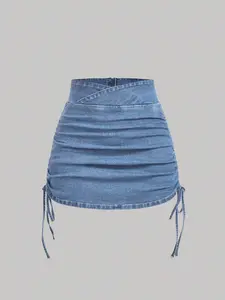 Women's Casual Denim Skirt With Zipper Back And Side Ruched Design