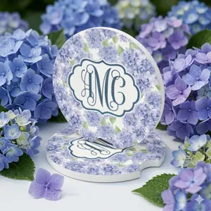 Hydrangea Floral Car Coaster Set, Personalized Monogram Drink Holder, Lavender & Blue Flowers, Custom Initials, Aesthetic Gift for Women