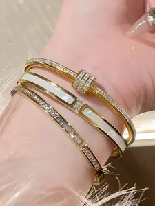 3-Piece Elegant Stainless Steel Bangle Bracelet Set, Plated, Rhinestone Design, Perfect for Women, Wedding & Daily Wear, Fashionable Bangle