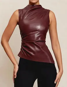 Burgundy Pu Leather Top - High Neck Sleeveless Faux Leather Top for Women