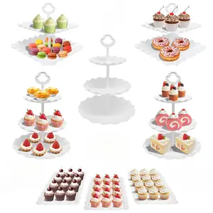 10 Pcs Dessert Table Display Set 3x 3 Tiered Cupcake Stand Holder 3x 2 Tiered Cupcake Stand Holder 4x Piece Dessert Tray Set for Birthday Baby Shower Wedding Wave Square