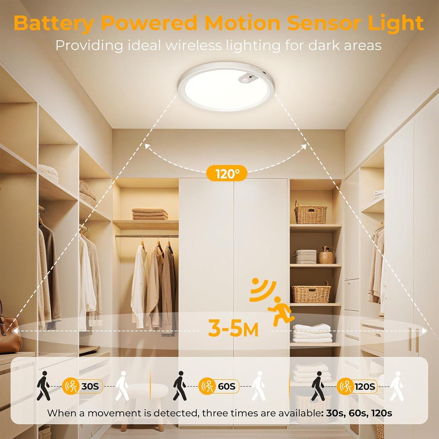 Rechargeable Ceiling Light , 3 Color Modes, Motion Sensor with Remote, Wireless Battery-Operated Magnetic LED Lights for Shower, Closet, Pantry, Shed, Hallway, Porch, Garage