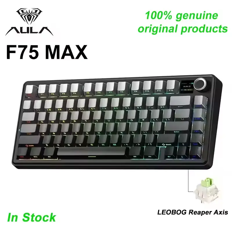 AULA F75 MAX 75% Mechanical Gaming Keyboard - 3-Mode Wired/Bluetooth/2.4G, Esports RGB, Hot Swap, TFT Screen, Ergonomic Reef Black Design for PC/Mac