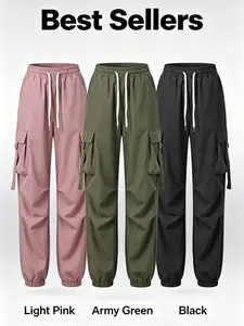 QQ Women's Casual Cargo Jogger Pants with Pockets - Loose Fit High Waist Sweatpants, Streetwear Trousers for Sports & Daily Wear,  in Black/Green/Pink，Parachute Pants, Children's Wide-Leg Cargo Pants, Y2K Street Pants with Pockets  Womenswear Bottom