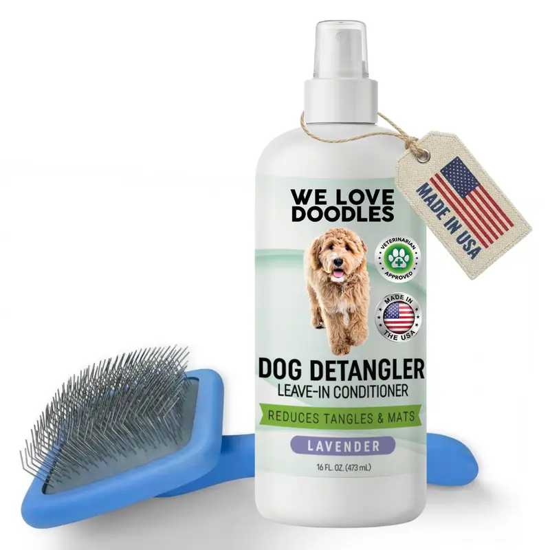 Slicker Brush & Lavender Detangler Spray Pack - for Long-Haired Dogs, Dog Leave-In Conditioner for Reducing Mats, Knots & Tangles, Dematting & Conditioning Kit