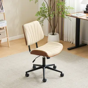 VINGLI Wide Curved Seat&Back Armless Home Office Chair,Ergoromic Adjustable-Height Desk Chair,Swivel&Tilting Function,Stylish Walnut Task Chair for Meeing Room,Dining Room,PU,Khaki