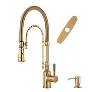 WOWOW Modern High Arc Gooseneck Spout Kitchen Faucet - 2-Function Single Handle Magnetic Dock Pull Down Sprayer with Spring Tube, Solid Brass Vintage Glam Brushed Gold Tap with 2 Modes for Home Decor