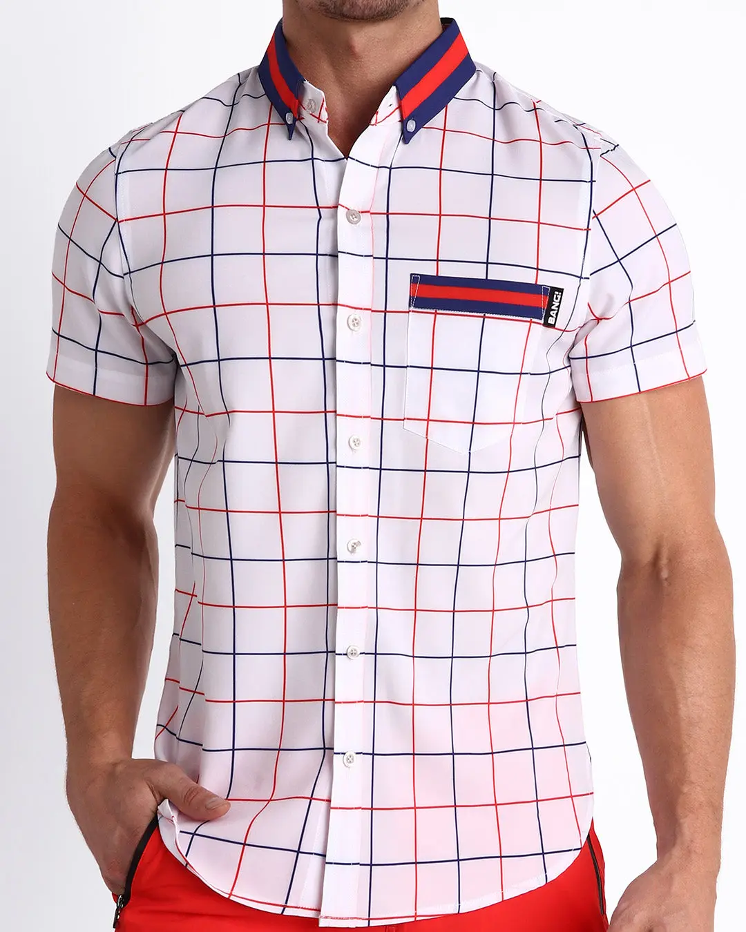 Men's Button Down Short-Sleeve Hawaiian Shirt Stretch Shirt - Tapered Fit w/Front Pocket (BJORN TO BE ALIVE)