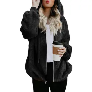 Womens Sherpa Fuzzy Zip Up Hoodie Oversized Fleece Fluffy Coat with Pockets