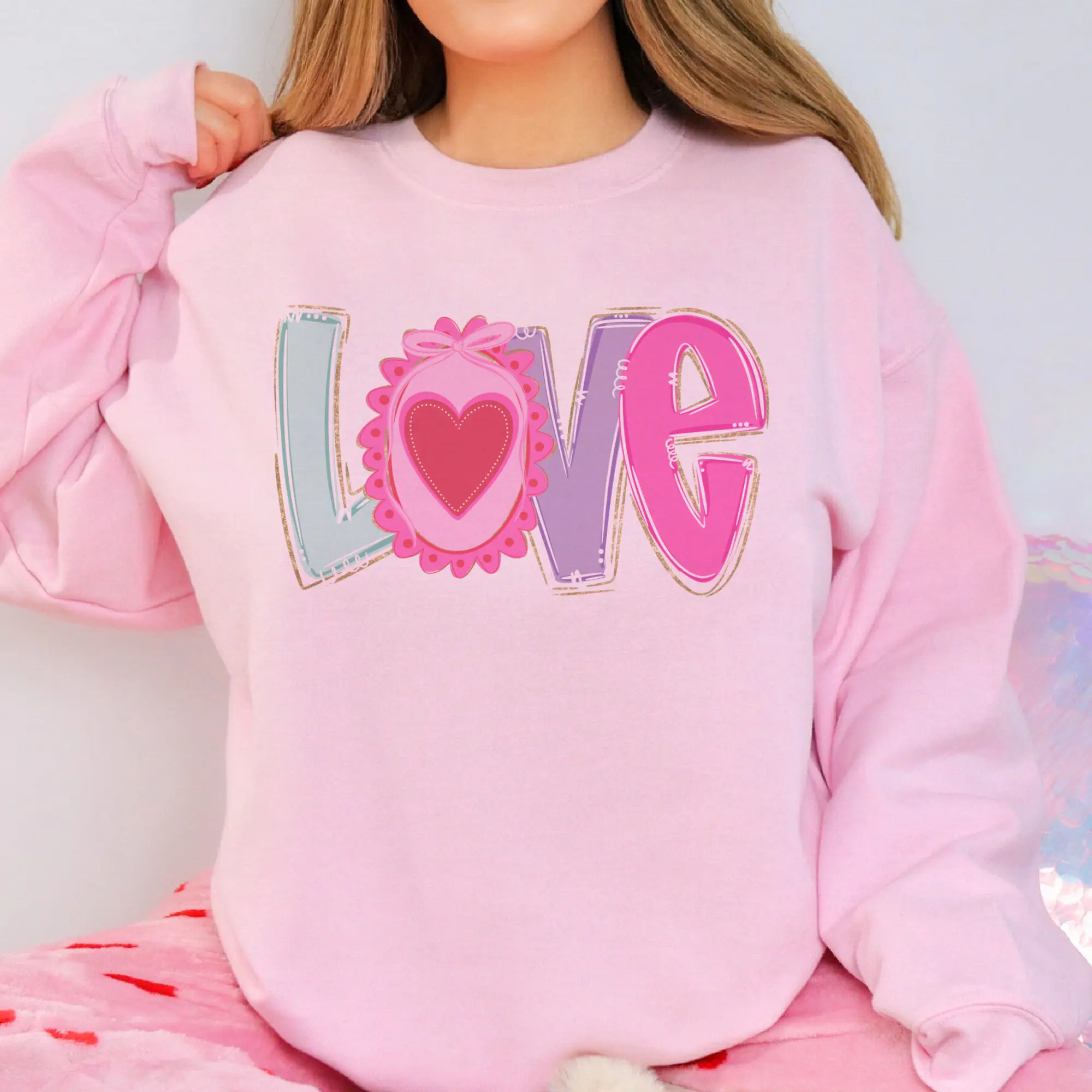Valentines Day LOVE Colorful Print Sweatshirt Valentine Love Heart Pullover Womens Valentine's Sublimation Unisex Sweatshirt