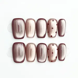 10pcs Handmade Press On Nails Acrylic - Medium Length Square Stiletto Burgundy & Beige Nails, Handcrafted Shimmer & Dot Decor Elegant Gentle Style, for Daily Wear & Office with Jelly Glue & Nail File