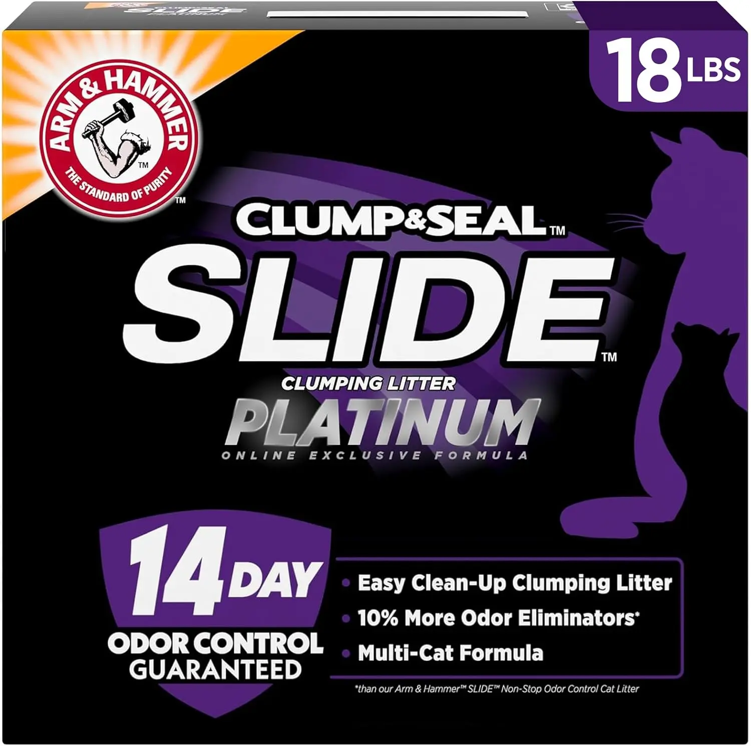 ARM & HAMMER Clump & Seal SLIDE Platinum Multi-Cat Clumping Cat Litter, Easy Clean Technology with No Scrubbing, 14-Day Odor Control, 18 lbs