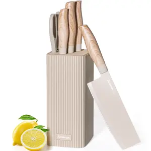 Astercook 6-Piece Stainless Steel Knife Block Set, Thick Ergonomic Kitchenware for Cutting, Anti-Rust Knives Kitchenware Cutting Wooden Silicone