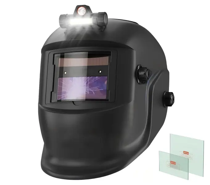 Auto Darkening Welding Helmet with LED Light, True Color 1/1/1/1 Optical Clarity, Solar Powered, Adjustable Shade 4/9-13, Fast Switching Welder Hood for TIG MIG Stick Arc Welding