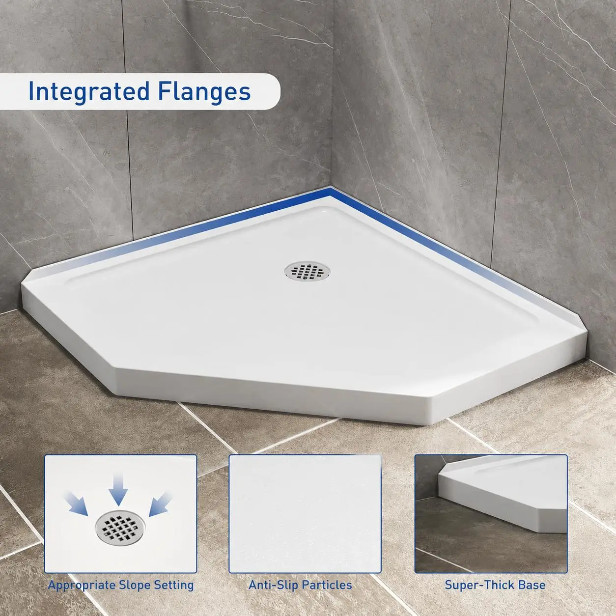 36 in. D x 36 in. W Neo-Angle Shower Base, Single Threshold Acrylic Corner Shower Base Pan, Non-Slip Textured Surface Bathroom Shower Floor Pan in White