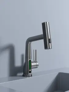 ZenCascade & Pull-Out Faucet with Temperature Display, Battery-Free Digital Display, Rotating Nozzle, Chrome or Gun Metal Finish