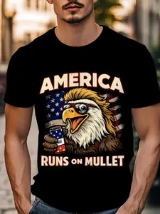 American Retro Humorous T-Shirt, Eagle Flag Print Short Sleeve, Casual Street Style for Men, Fitted All over Print Design