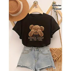 Women's Cute Bear Graphic Tee - Soft Stretch Blend (60% Polyester, 35% Rayon, 5% Spandex) 180gsm Knit with Cozy Teddy Bear Applique, Relaxed Round Neck for Spring Summer Fall Street Style, Y2K Fashion and Casual Animal Print Outfits