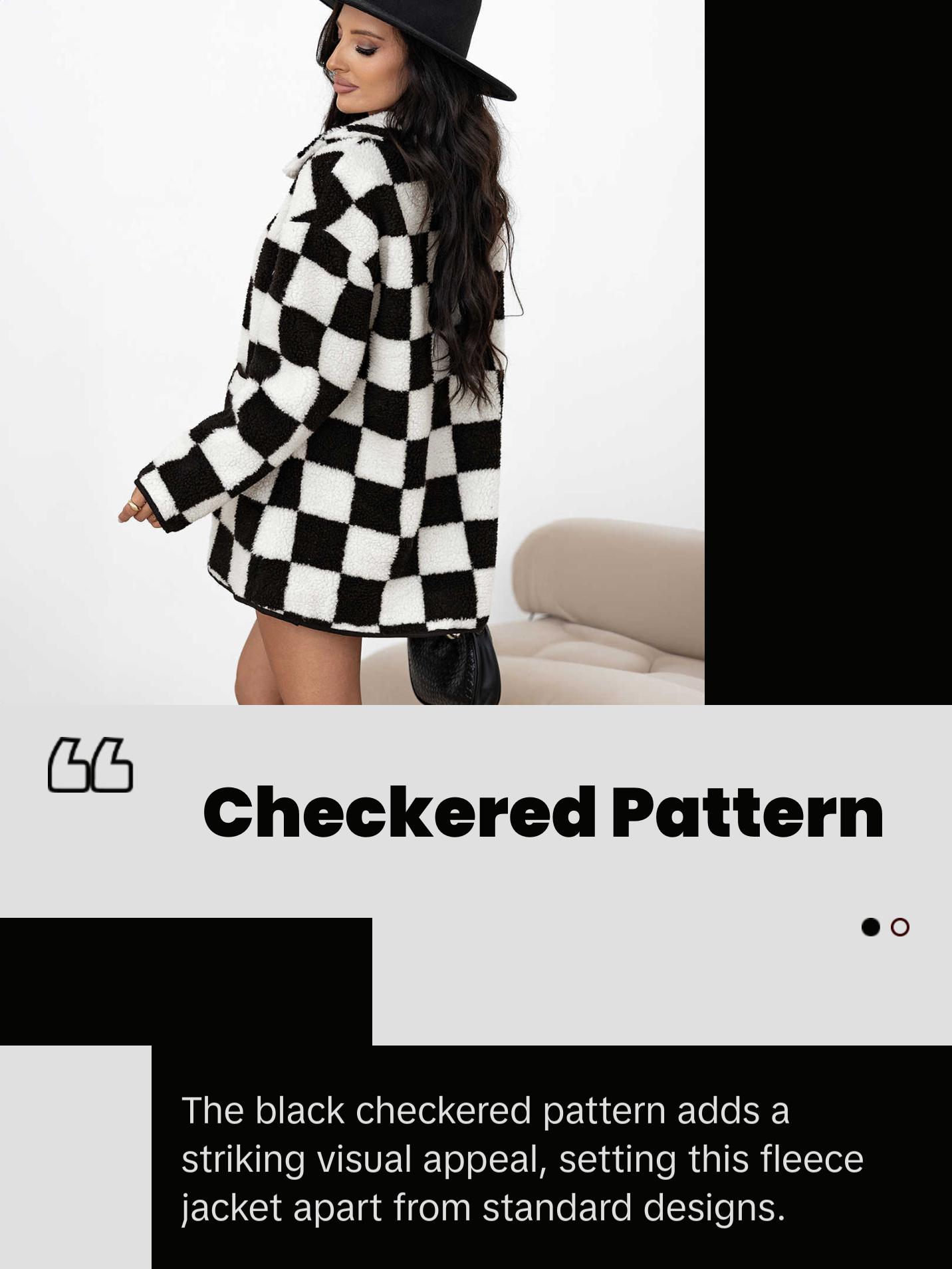 Cali Chic Women Jackets Black Checkered Side Pockets Collared Buttoned Fleece  Coats Womenswear Outerwear