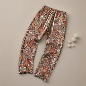 Men's Vintage Paisley Elastic Waist Pants, Unisex Loose Straight Leg Streetwear, Drawstring Drop Crotch Trousers, Retro Floral Print, Hip Hop Skateboard Fashion, Casual Daily Baggy Bottoms