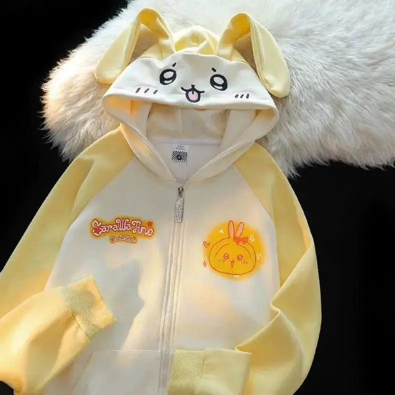 Anime Chiikawa hachiware Zipper Hoodie for Women, Kawaii Embroidered Hoodie Coat, Cartoon Cute Embroidered Loose Jacket Coat