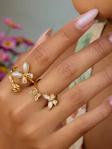 Ladies Ring Set White Diamond Butterfly Adjustable Opening Stackable Stainless Steel 18k Gold Plated Anti Allergy Sweet And Romantic Style Creative Jewelry