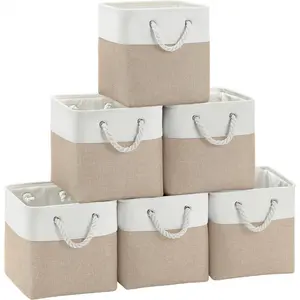 Fabric Cubes Storage Basket, 6 Pack 11x11 inch with Handles Cube Storage Bins, for Shelves, Home, Office Organizers (White/Khaki)