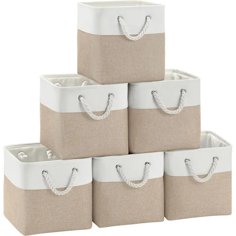 Fabric Cubes Storage Basket, 6 Pack 11x11 inch with Handles Cube Storage Bins, for Shelves, Home, Office Organizers (White/Khaki)