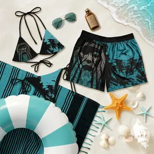 Viking Couple Matching Swimwear - Odin Raven Norse Mythology Bikini and Shorts Set - Mythical Pagan Runic Beachwear for Men & Women