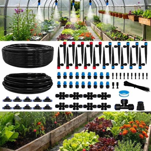 【AshKnoll】Drip Irrigation Kit for Garden - 40 Nozzles & Emitters, 1/2" & 1/4" Tubes, Barbed Fittings, Adjustable Sprinklers for Greenhouse, Lawn