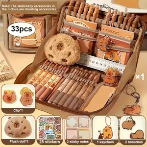 Animal Design Cute Stationery Set, 33pcs/set Multi-layer School Pencil Case with Stickers, Keychain, Brooches, Plush Doll, Sticky Notes & Clip, School Supply Sets