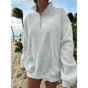 Women'sSolidHalfZipUpPulloverSweatshirt,CasualLongSleeveCollaredSweatshirtforBeachVacation,LadiesClothesforAllSeasons