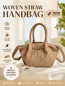 1pc Premium Woven Straw Handbag | Leather Trim & Convertible Strap | Luxury Summer Tote Bag for Vacation & Daily Use, Fashionable Straw Bag