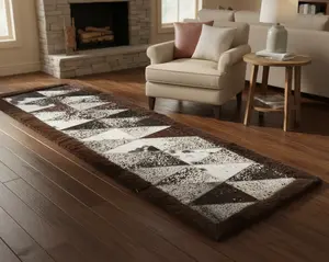 Rectangle Patchwork Area Rug - Bison Edge, Cowhide Center- 2’x6’ - Black and White Speckled