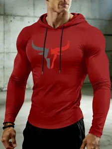Men's Colorblock Bull Print Hoodie T-Shirt, Hot Trending Hoodies, Tough Lines Power and Wild Atmosphere, Gym Shirt, Perfect Fit for Fitness Lovers