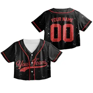 Personalized Glitter Crop Top Baseball Jersey, Custom Baseball Jersey for Teen Girl Women Baseball Fan (printed Glitter, Not Glitter Fabric)