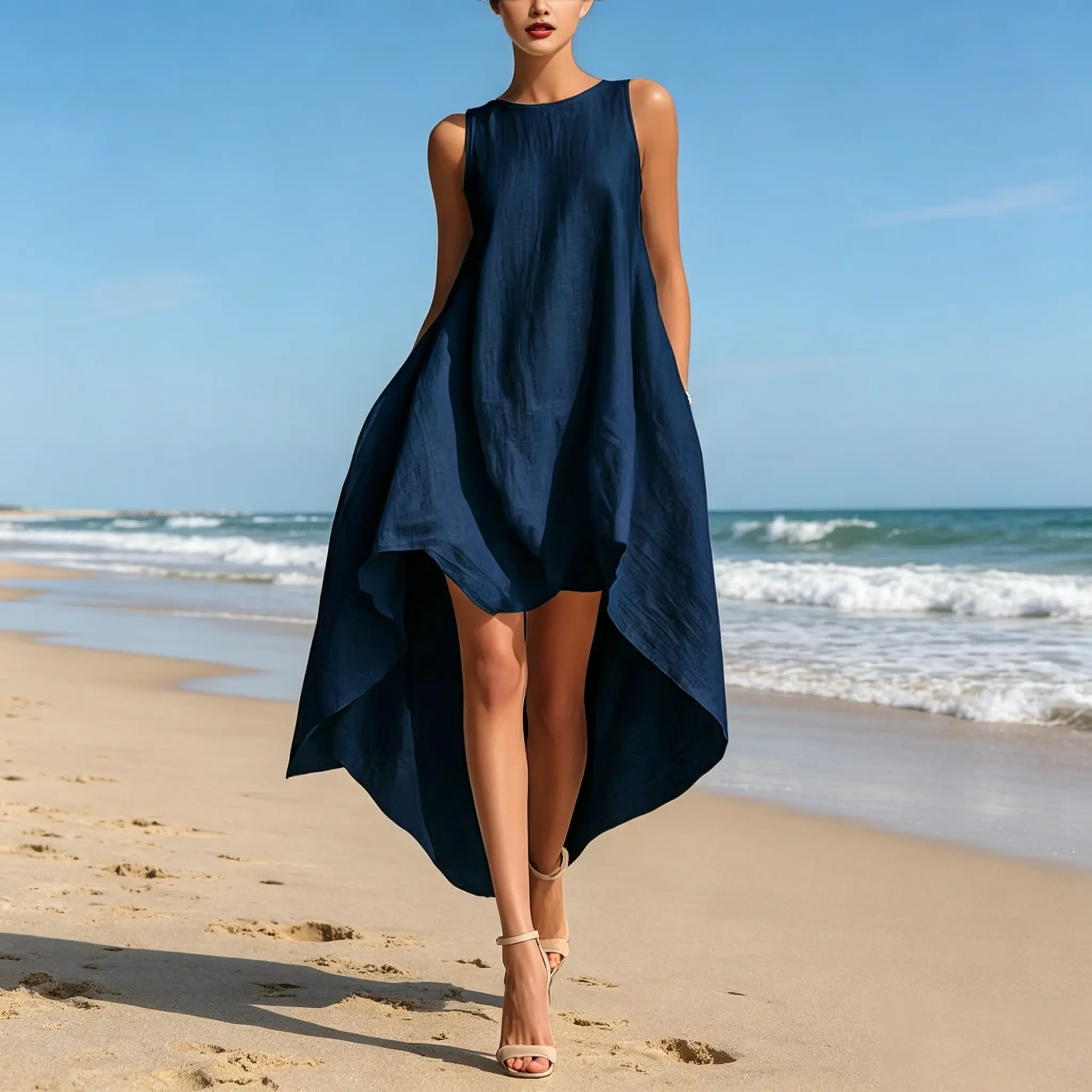 Fashionable and casual European and American style solid color sleeveless round neck irregular dress for women.