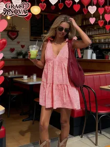 New Arrival Spring Summer Fall Women's Loose Casual V-Neck Short Dress, European Style Tie Back Vest Top, Fashionable