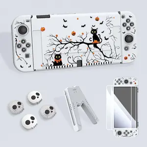 Halloween Themed Game Console Protective Case with Tempered Film & V-shaped Grip & Rocker Cap, 1 Set Console Accessories for Switch OLED/NS