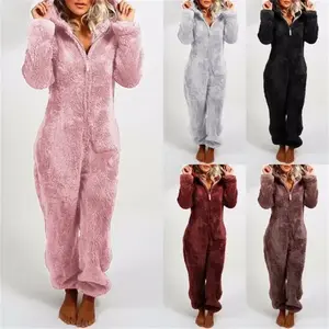 Women Plush 3D Ear Hooded Long Sleeve Jumpsuit Pajamas, Suitable For Autumn/Winter S-5XL Can be used with raincoat