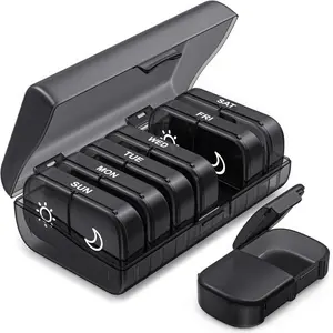 XL Weekly Pill Organizer 2 Times a Day, Pill Box 7 Day with One-Side Large Openings for Easy to Use, Black Privacy Protection AM PM Pill Case for Medication, Vitamins, Fish Oils, Supplements Healthcare Aid