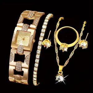6-piece Set New Ladies Fashion Elegant Square Quartz Watch+simple Rhinestone Jewelry Set, Send Gifts To Friends and Family, Excellent Gift Choice for Mom and Girlfriends.