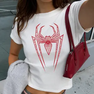 Spider Print Baby Tee, Y2K Goth Graphic Crop Top, Punk Streetwear Shirt, Vintage Emo Aesthetic Tee, Womens Slim Fit Baby Tee