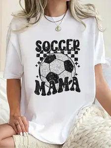100% cotton Checkered Soccer Mama Retro Soccer Mom Soccer Season T-Shirt Print Crew Neck Casual T-shirt short Sleeve Sports Top, Smart Casual/street Style Women's Clothing