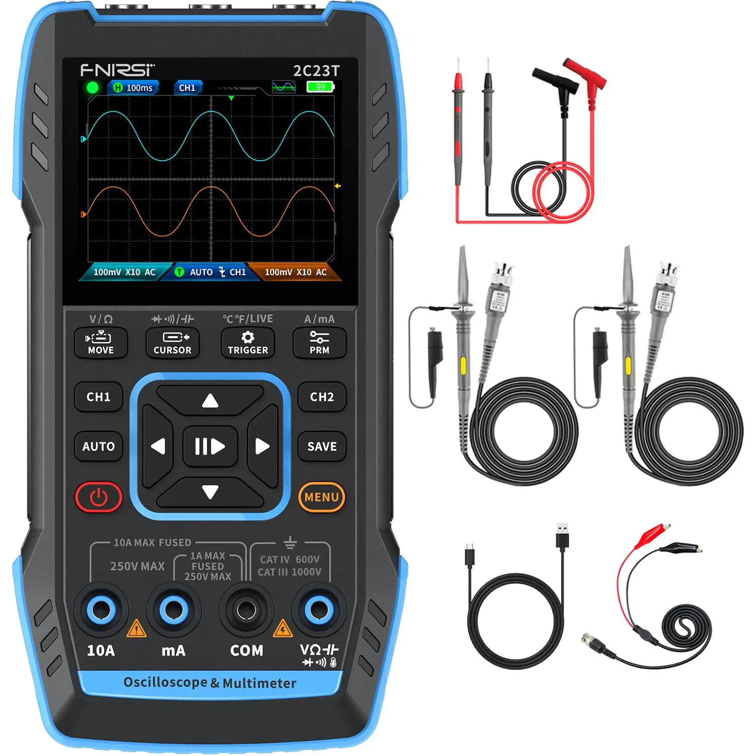 FNIRSI 2C23T 3 in 1 Handheld Oscilloscope Multimeter DDS Generator 2 Channels 10MHz Bandwidth 50MSa/s Sampling Rate 10000 Counts Voltage Current