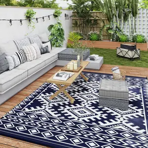 Reversible Outdoor Picnic Blanket Rug, Waterproof Plastic Straw Material, 8'x10' Size, Blue & White Rhombus Border, with Carry Bag for Camping & Hiking