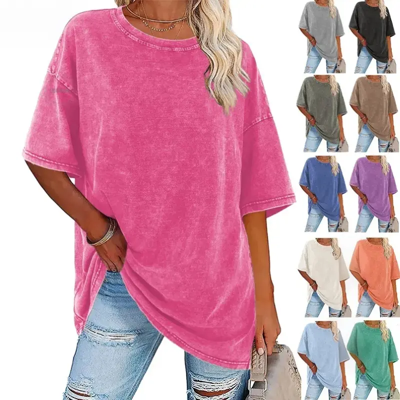 Women's Acid Washed T-shirt, Vintage Loose Baggy Fit in Soft Cotton with a Short Sleeve Crew Neck